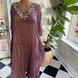 Anthropologie Gingham Embroidered/Beaded Kaftan